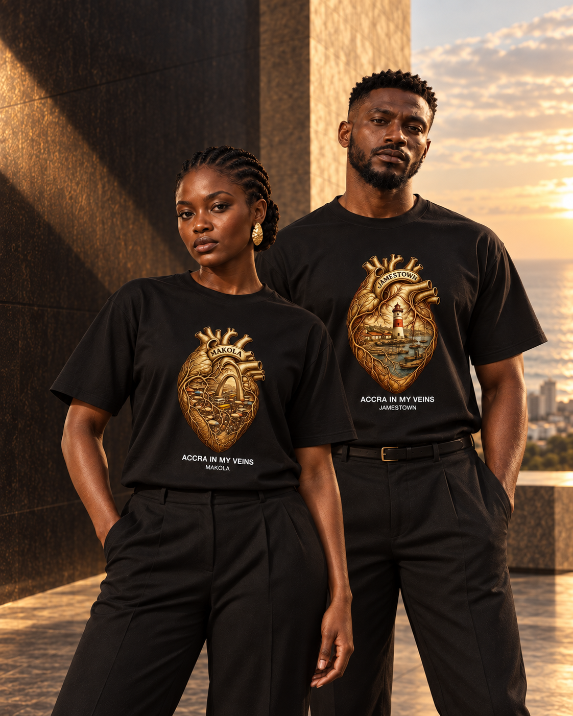 Two people wearing Accra in My Veins editions on an Accra street