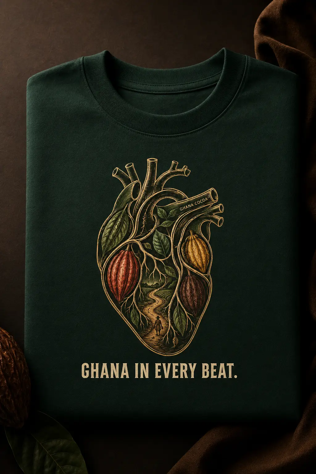 Green heavyweight t-shirt with a cocoa heart print, shown as an archive layout example