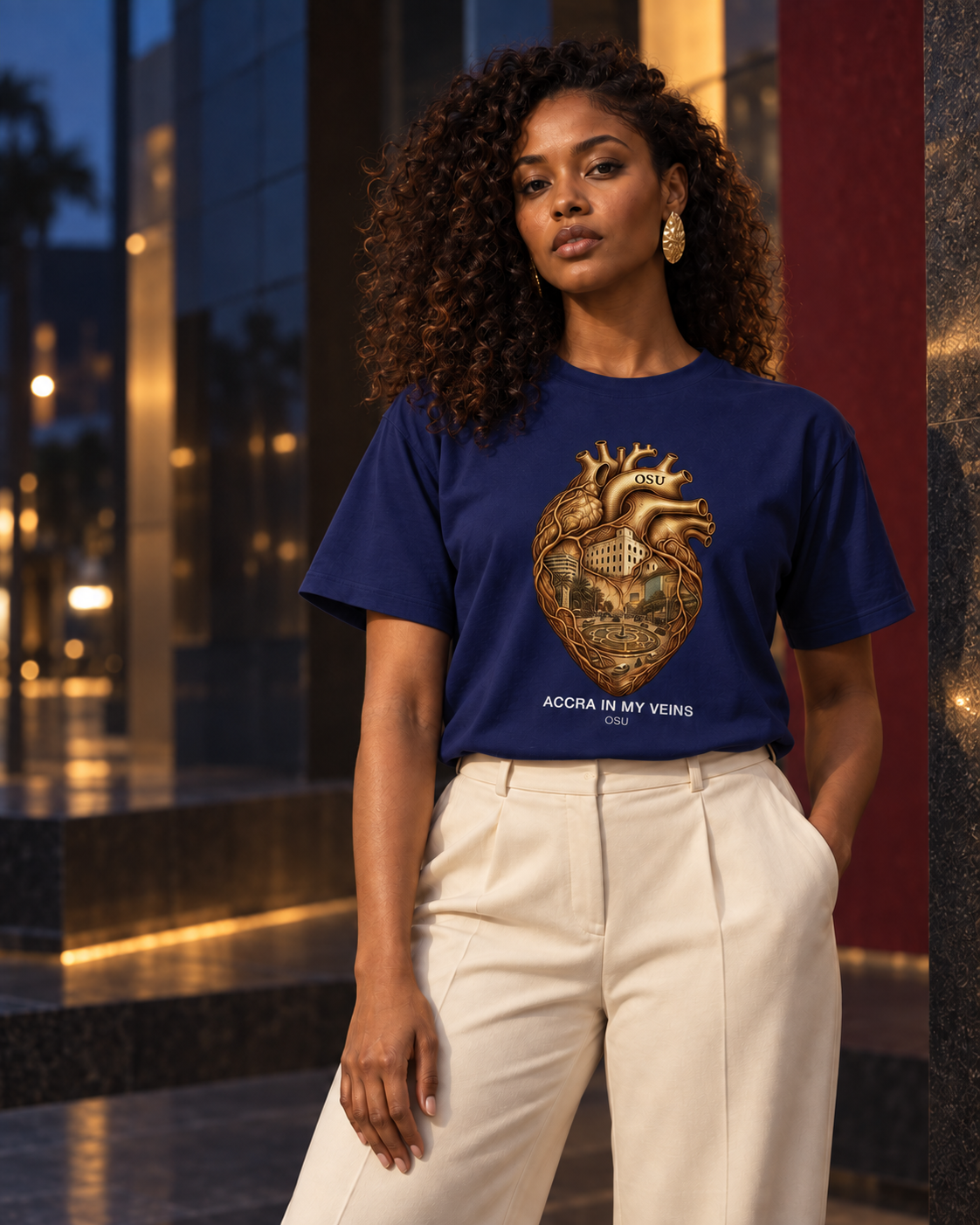 Model wearing the Osu edition in Imperial Indigo on an Accra street