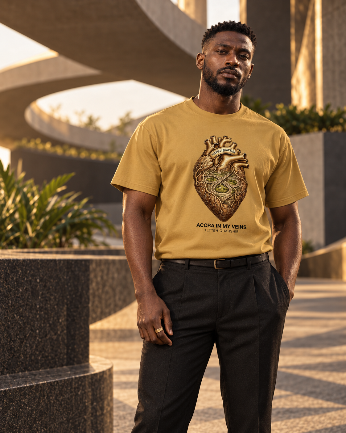 Model wearing the Tetteh Quarshie edition in Heritage Gold on an Accra street