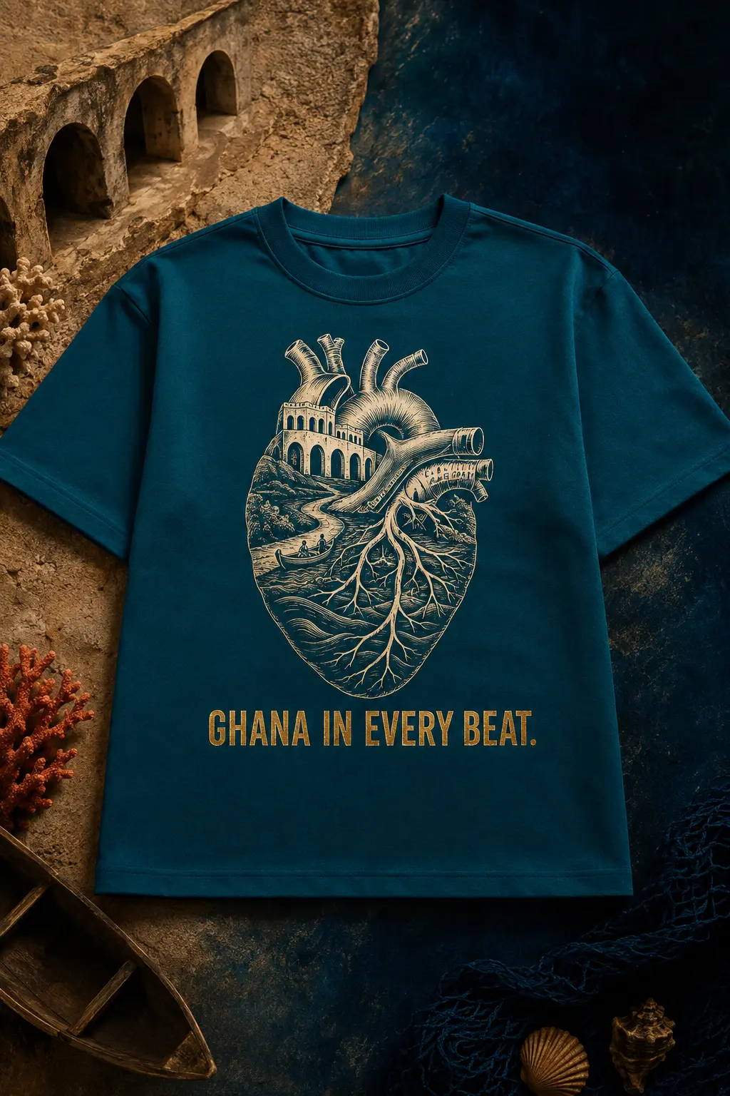 Teal heavyweight t-shirt with an engraved heart print, shown as an archive layout example