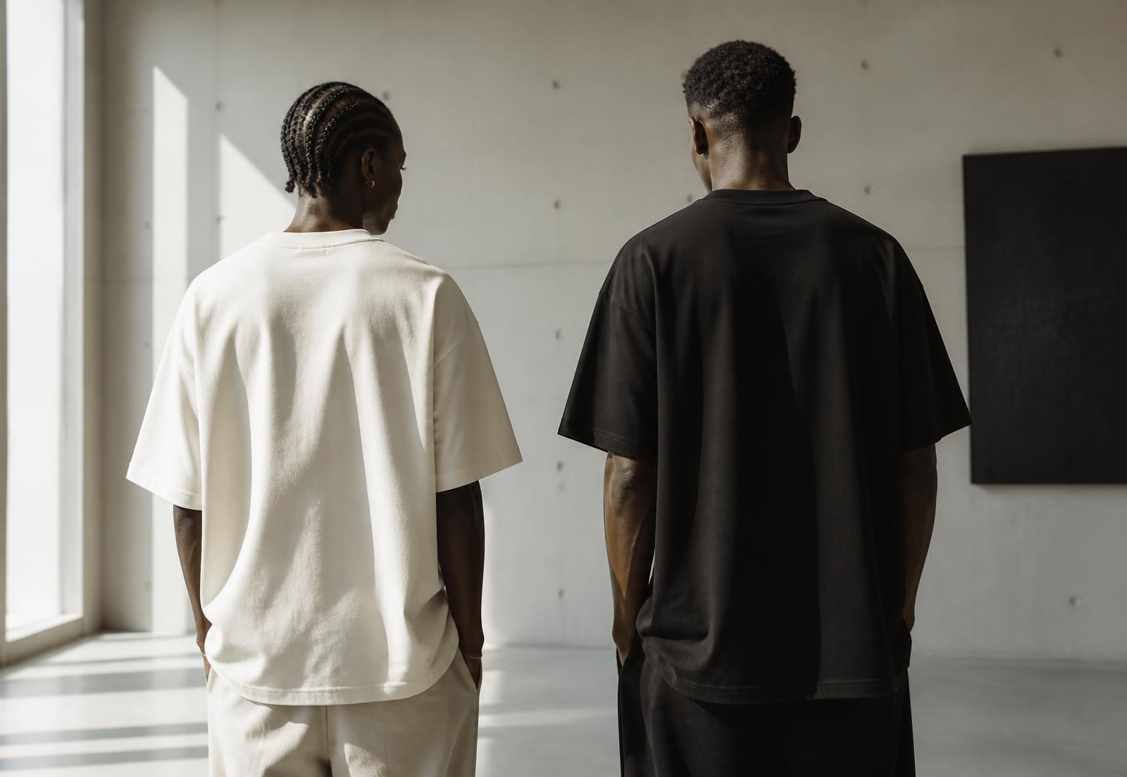 Two models photographed from behind in bone and black heavyweight t-shirts