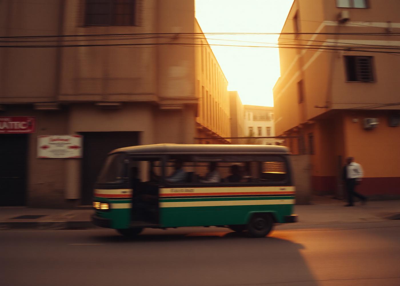 A trotro passing weathered concrete architecture in Accra at golden hour