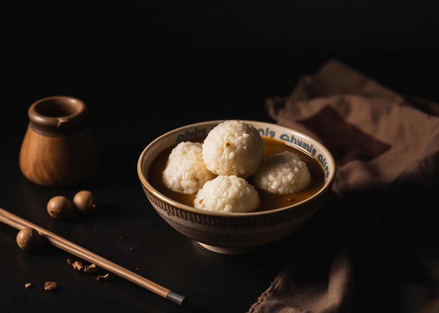 A bowl of omotuo rice balls in groundnut soup, photographed in warm low light
